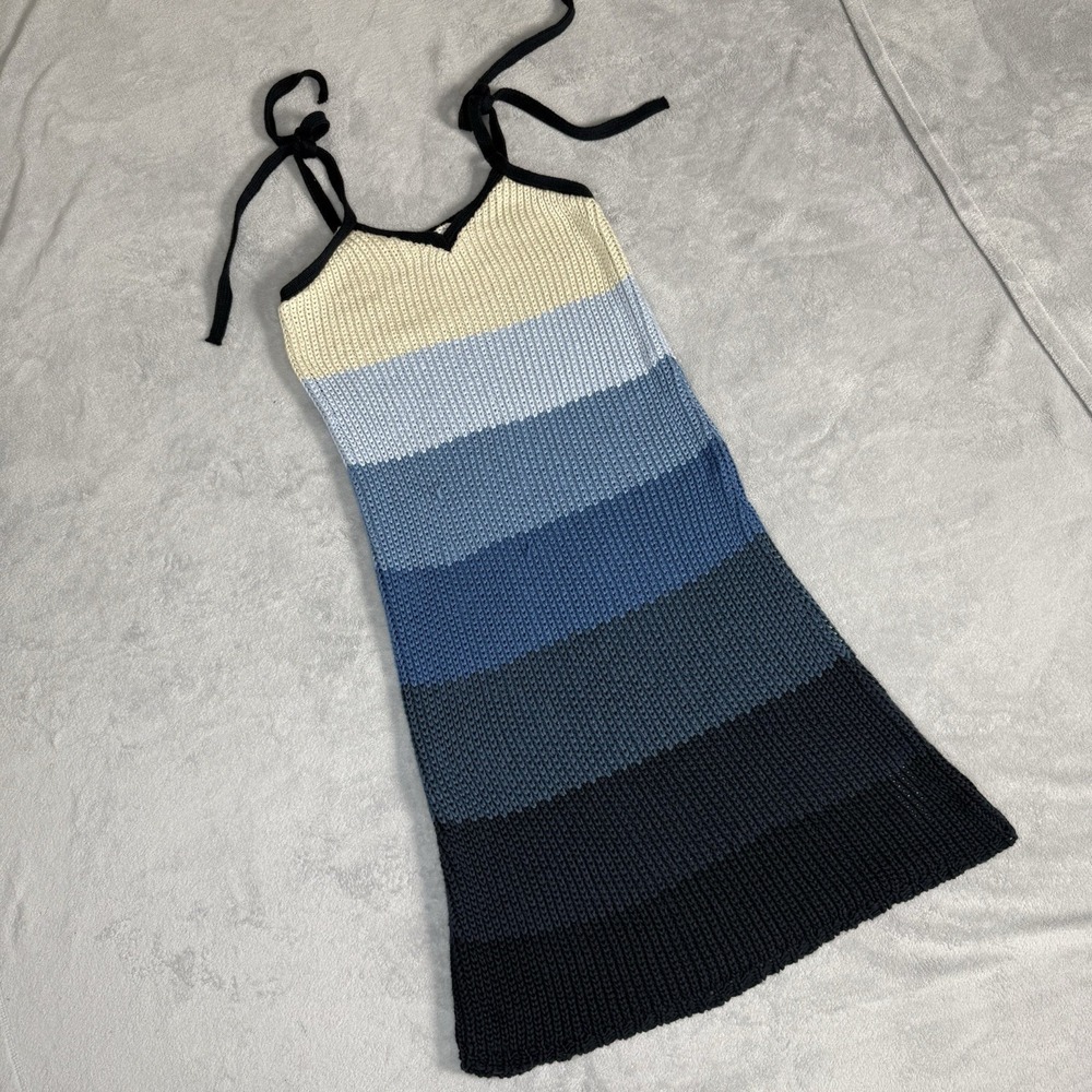 Zara Women's L Cotton Crochet Knit Midi Dress Blue Striped Tie Strap Beach
